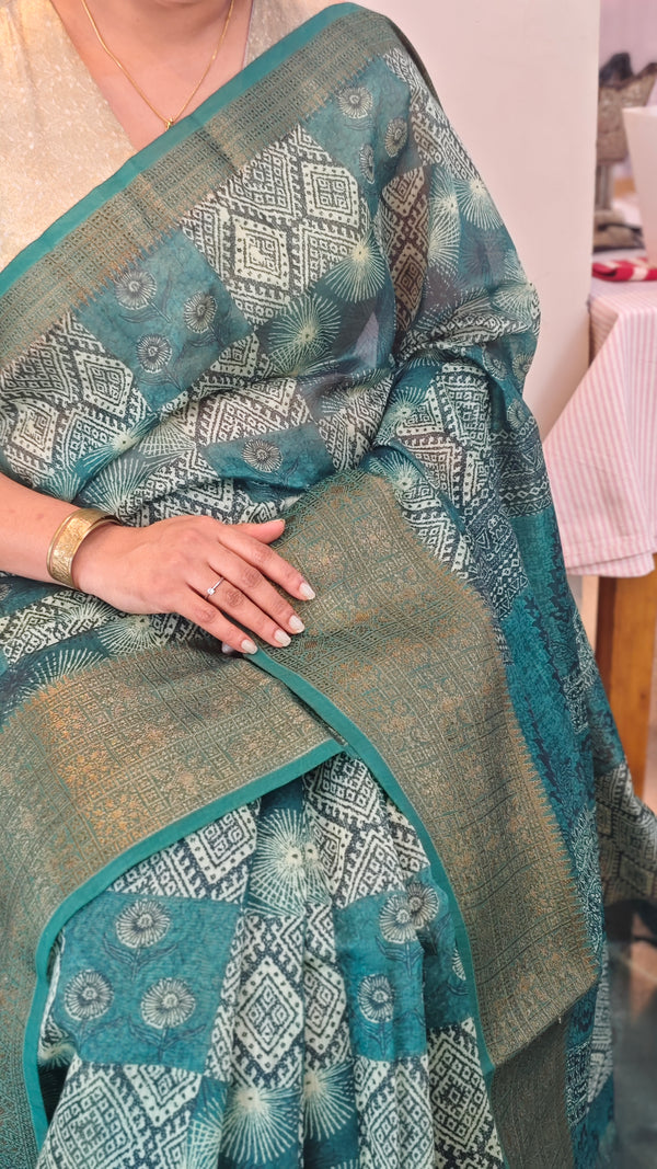 Green printed chanderi banarasi saree