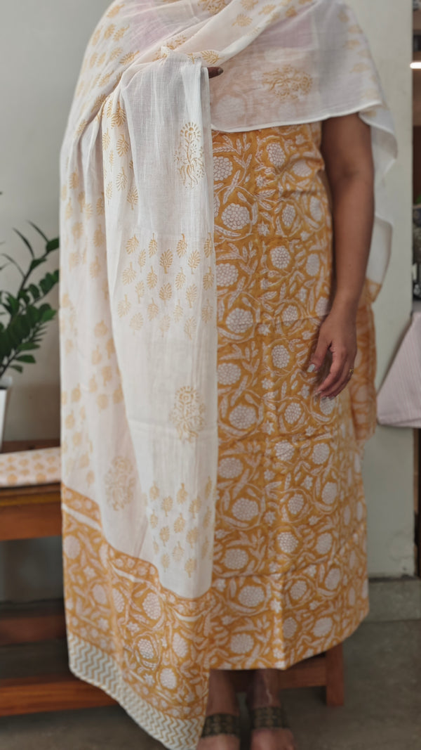 Mustard and white cotton block printed suit