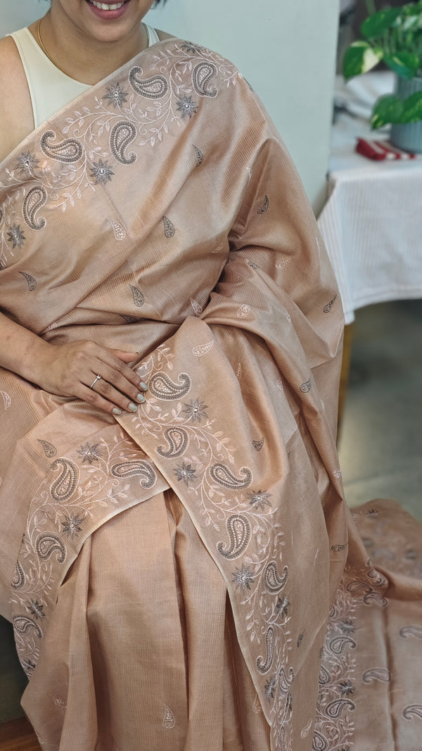 Nude pink lined noil tussar silk saree