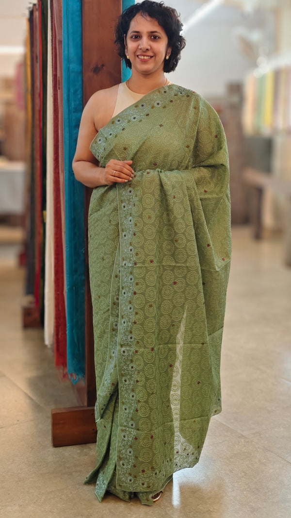 Green tepchi kota embroidered saree - V1099