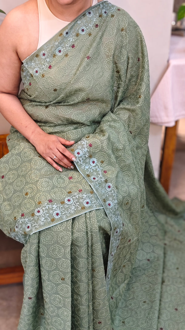 Green tepchi kota embroidered saree - V1099