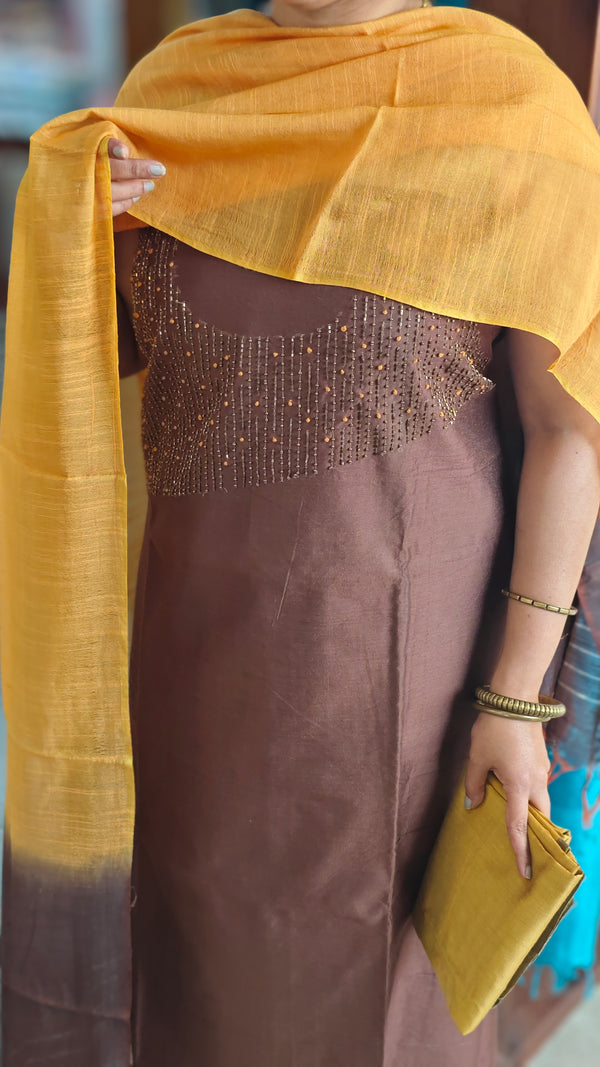 Dark brown and mustard embroidered suit
