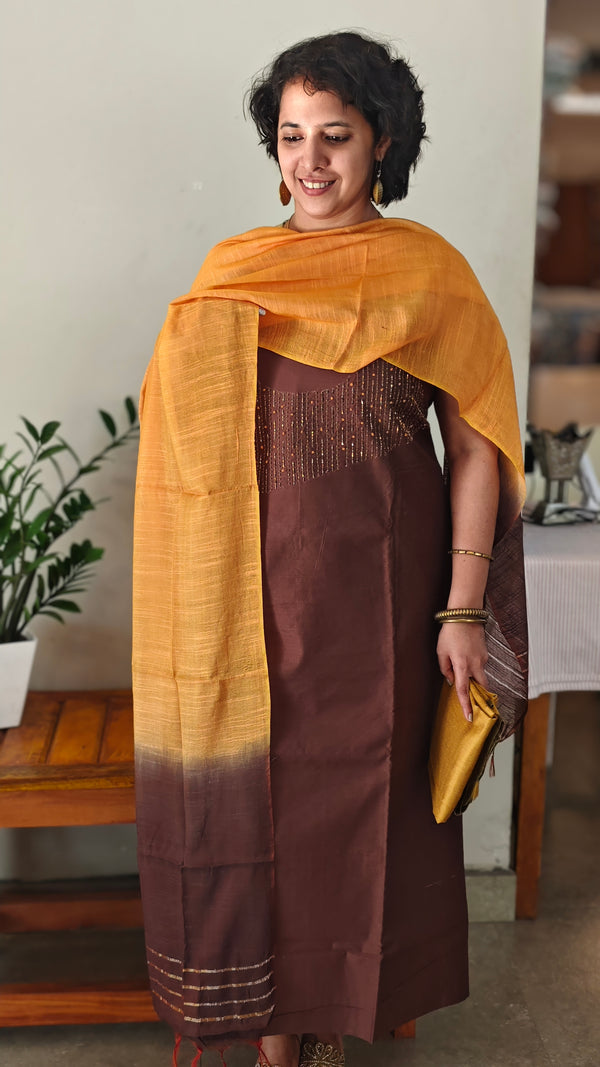 Dark brown and mustard embroidered suit
