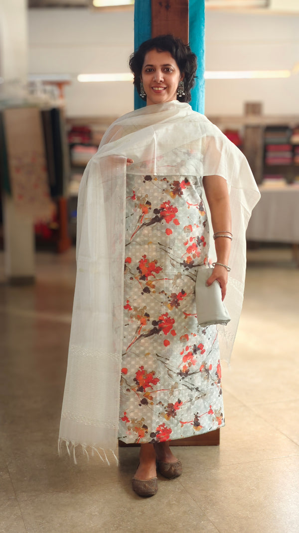 Floral printed powder blue suit