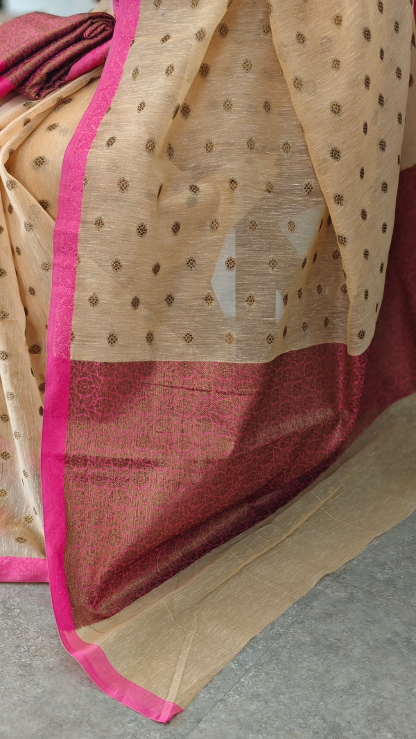 Cream blended linen banarasi saree