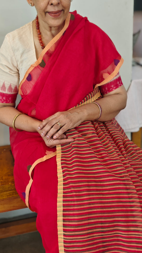 Red bengal muslin cotton saree