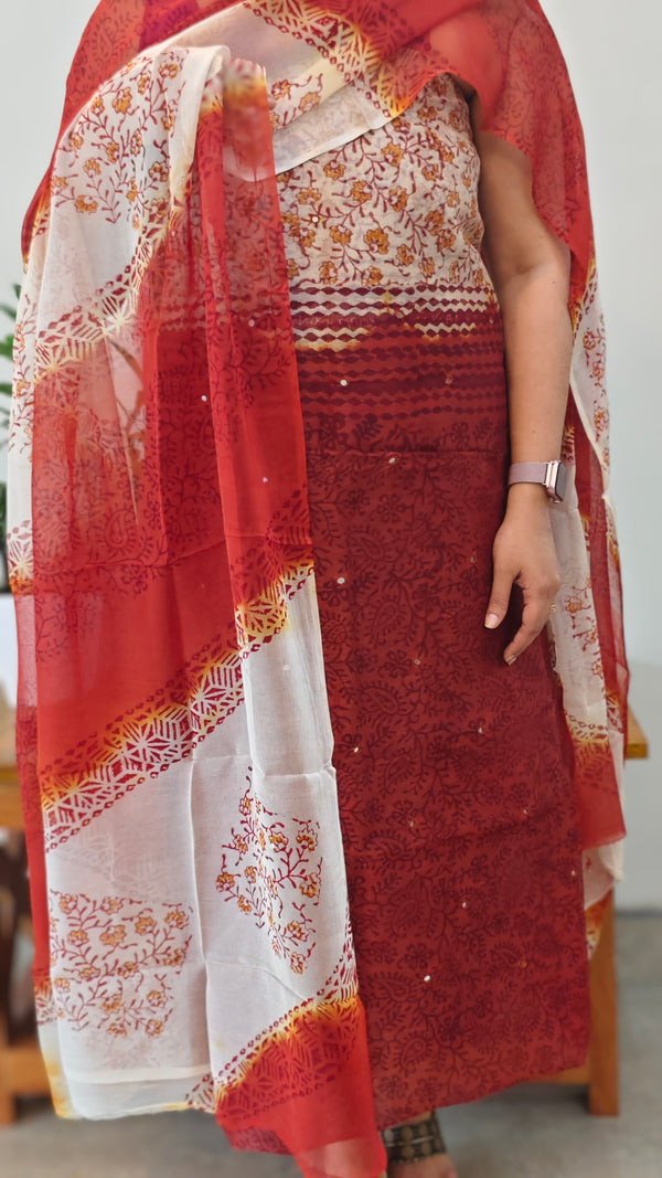 Rust orange and cream block printed suit