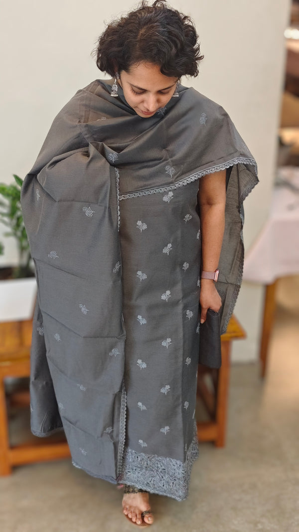 Grey cotton silk cutwork suit