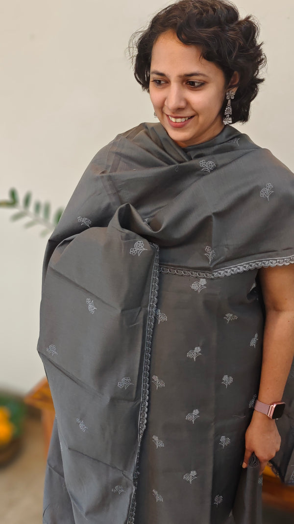 Grey cotton silk cutwork suit