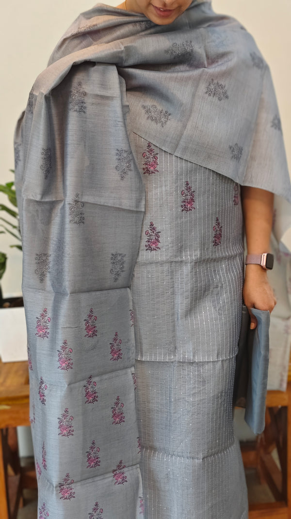 Light grey blended chanderi block printed suit
