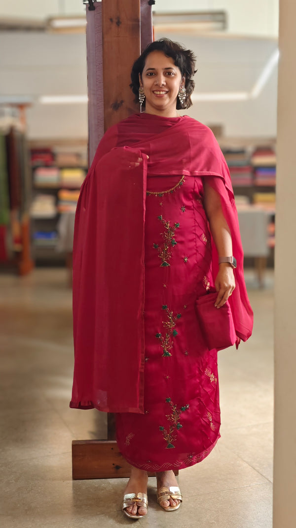 Dark red satin salwar suit