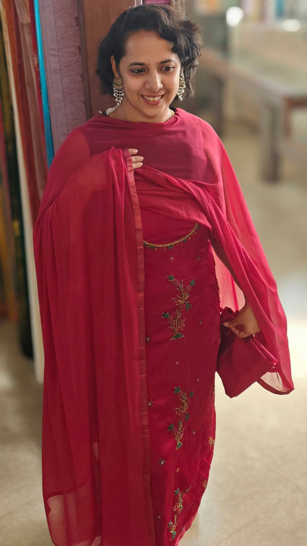 Dark red satin salwar suit