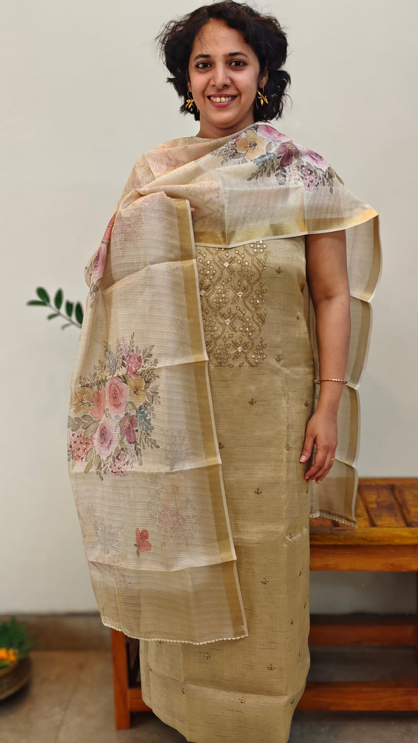 Beige tissue linen embroidered suit - TSL42