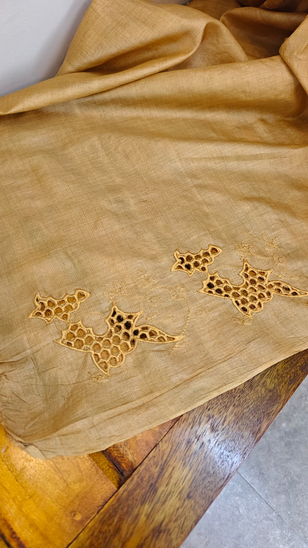 Golden mustard cutwork tussar silk saree - 7924