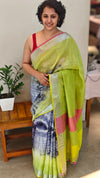 Lime green and blue linen saree