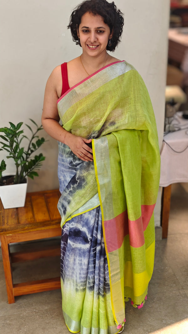 Lime green and blue linen saree