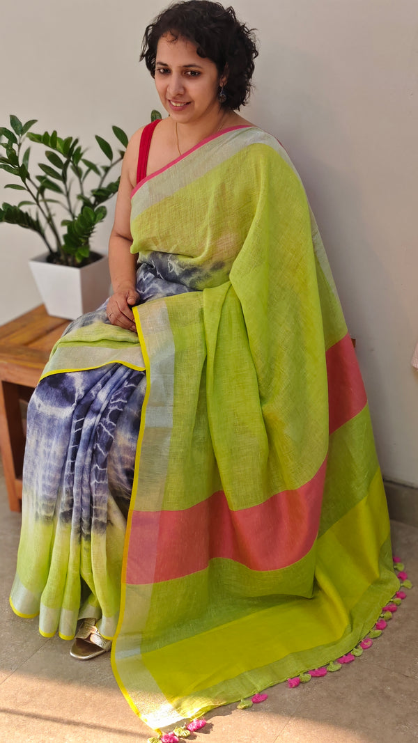 Lime green and blue linen saree