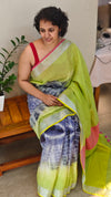 Lime green and blue linen saree