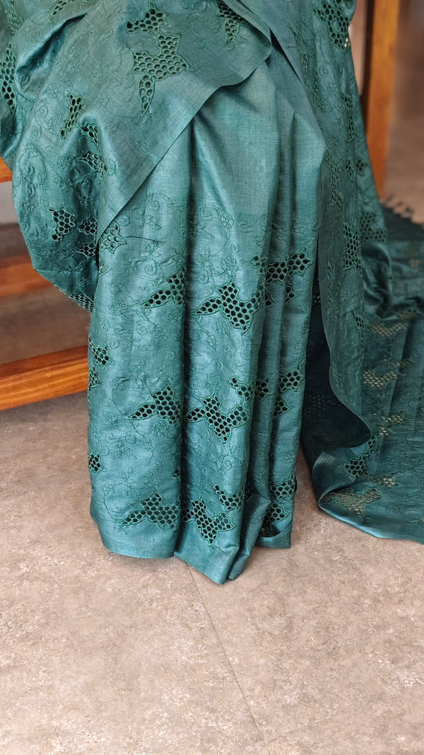 Dark green cut work tussar silk saree - 7924