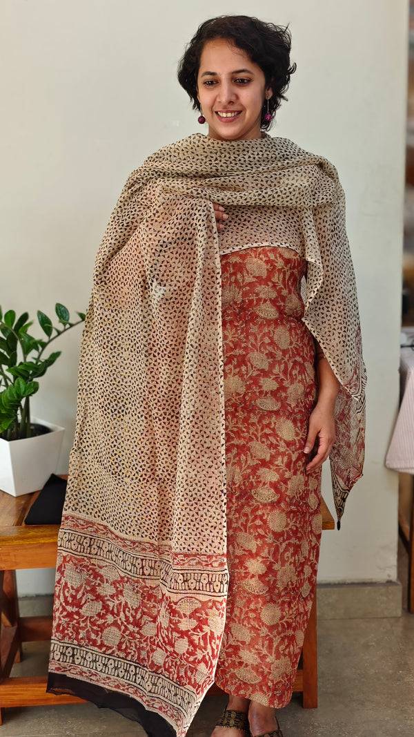 Brick red block printed kota doria suit P837