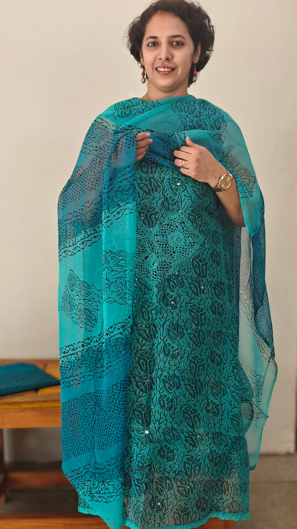Turquoise net kota suit with crochet
