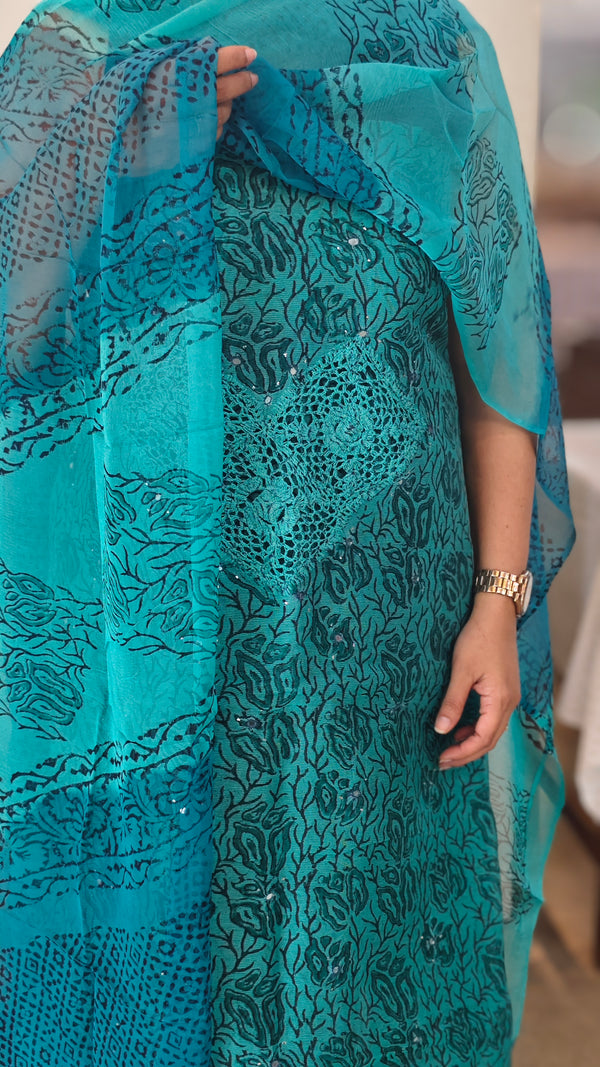 Turquoise net kota suit with crochet