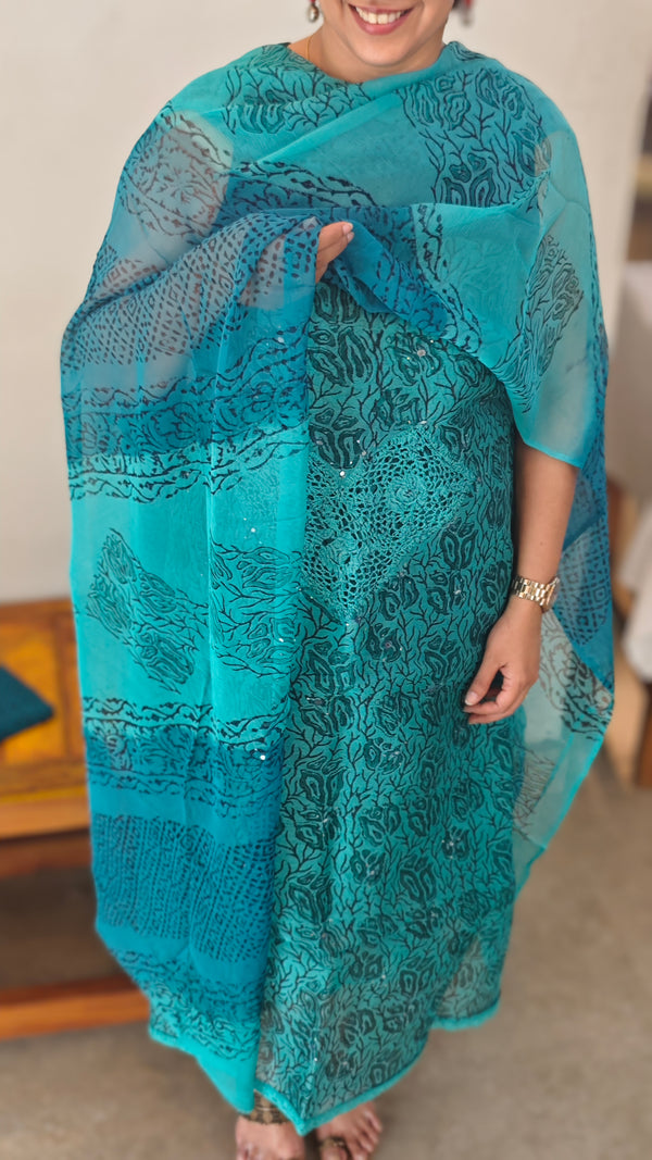 Turquoise net kota suit with crochet
