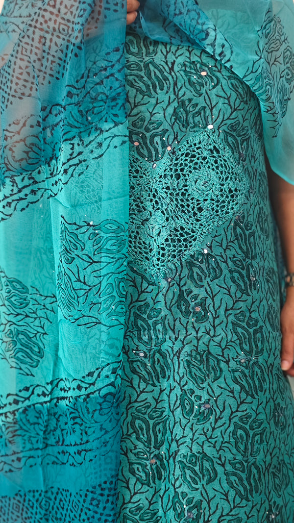 Turquoise net kota suit with crochet