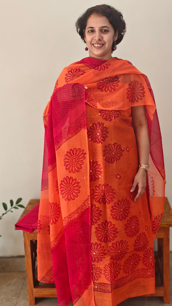 Orange and pink super net kota suit