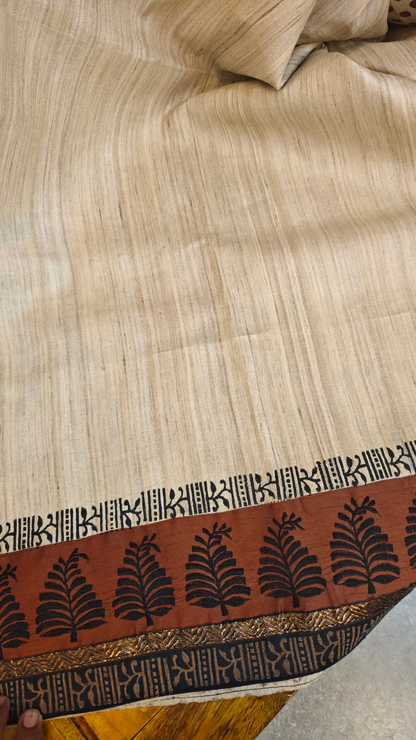 Beige jute silk saree