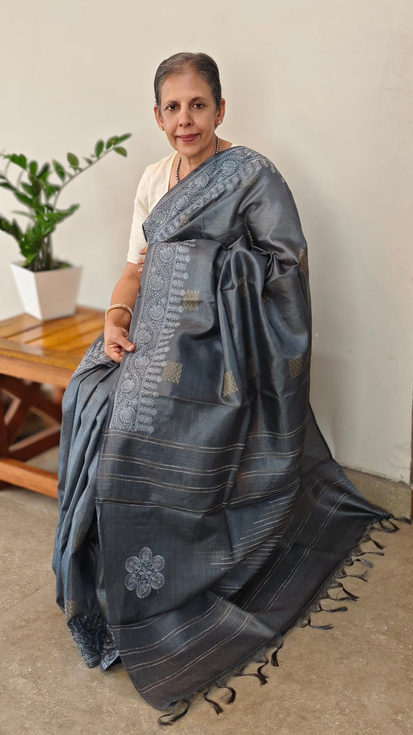 Grey tussar silk saree N113