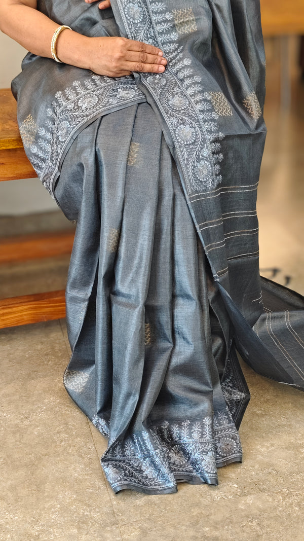 Grey tussar silk saree N113