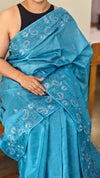 Sky blue lined noil tussar silk saree
