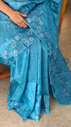 Sky blue lined noil tussar silk saree