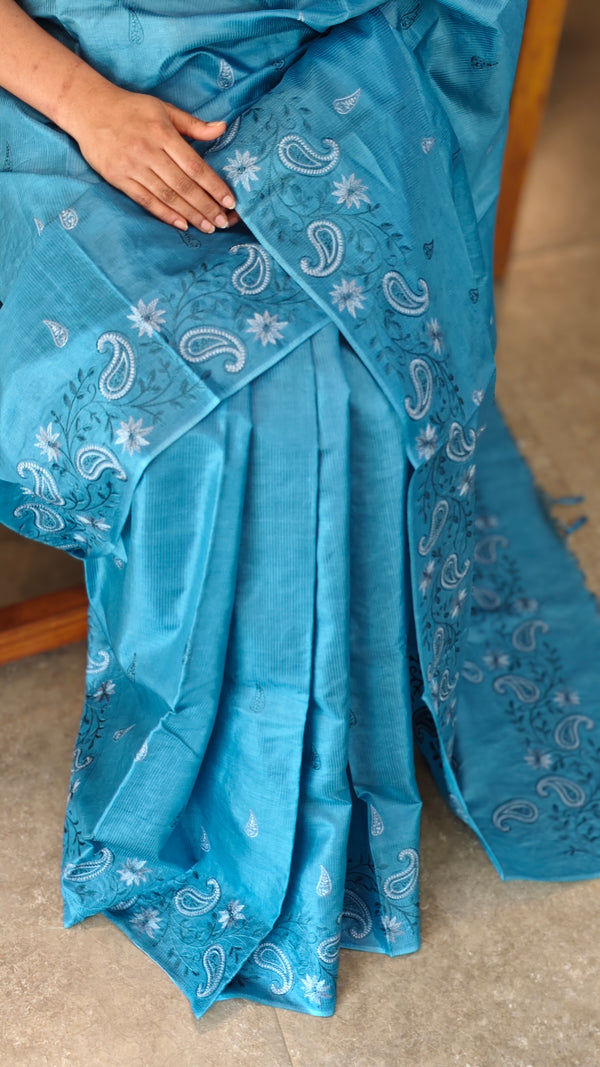 Sky blue lined noil tussar silk saree