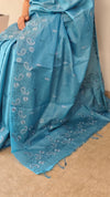 Sky blue lined noil tussar silk saree