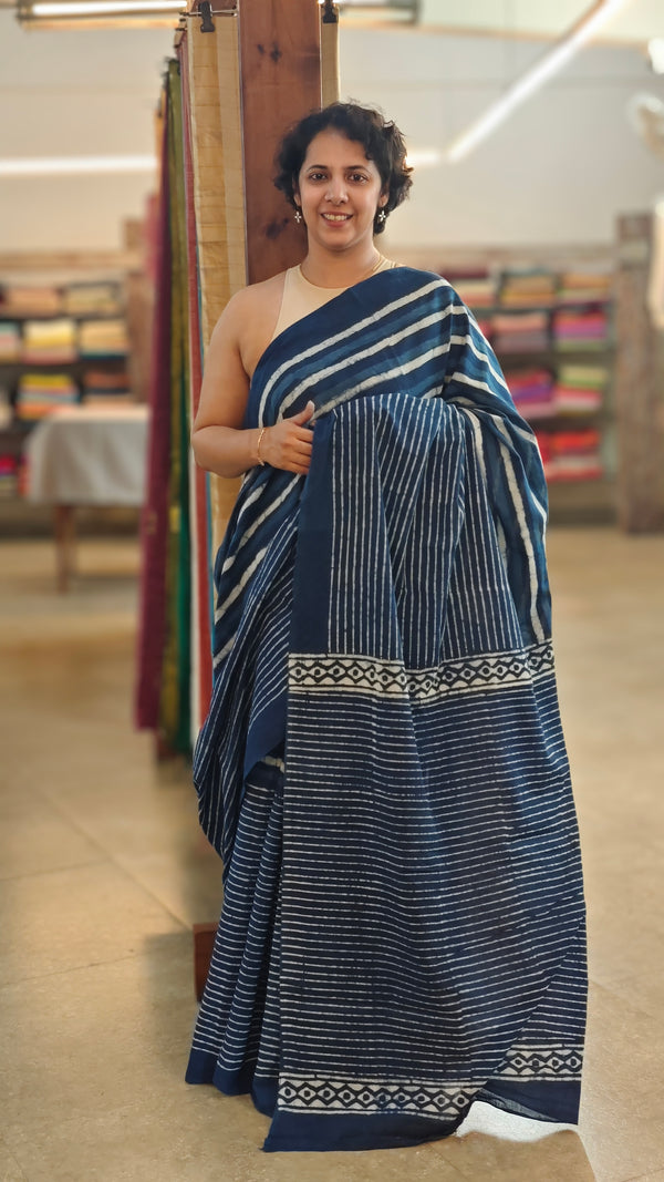 Indigo block print cotton saree