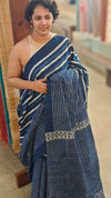 Indigo block print cotton saree