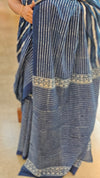 Indigo block print cotton saree