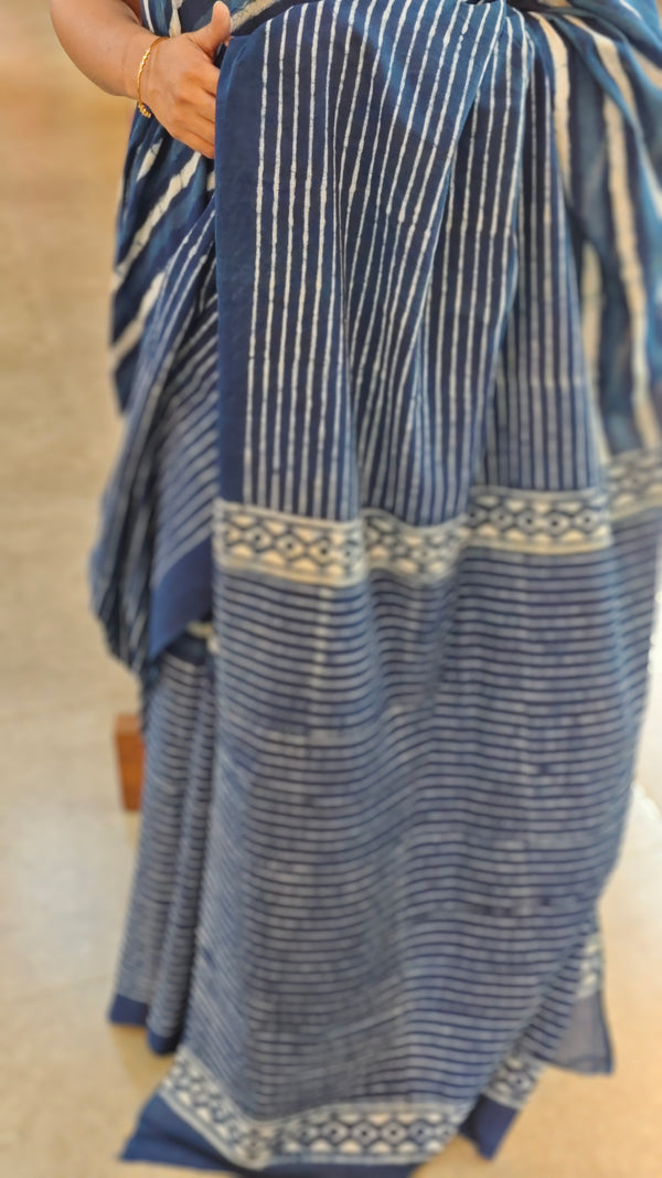 Indigo block print cotton saree