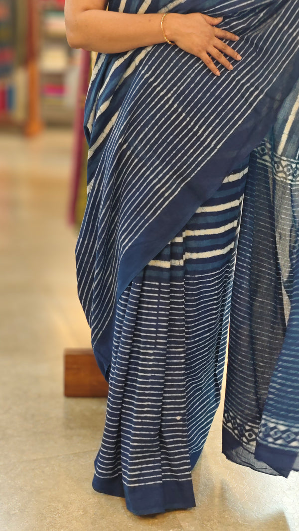 Indigo block print cotton saree