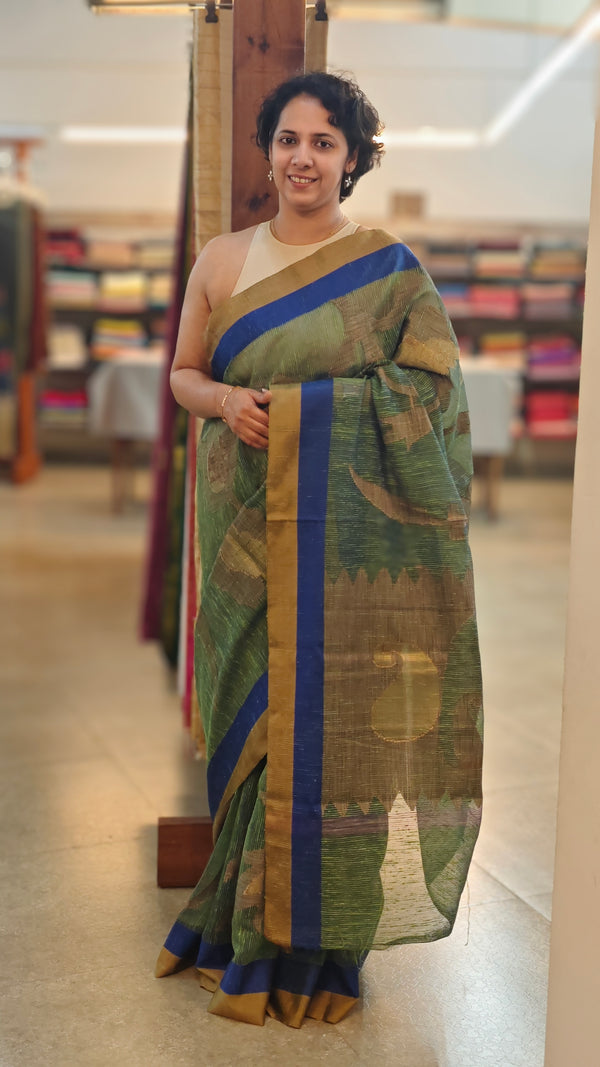 Blue and green jute woven saree