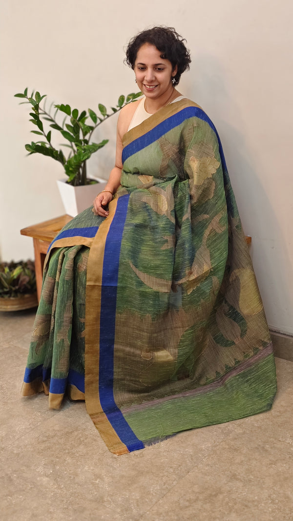 Blue and green jute woven saree