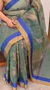 Blue and green jute woven saree
