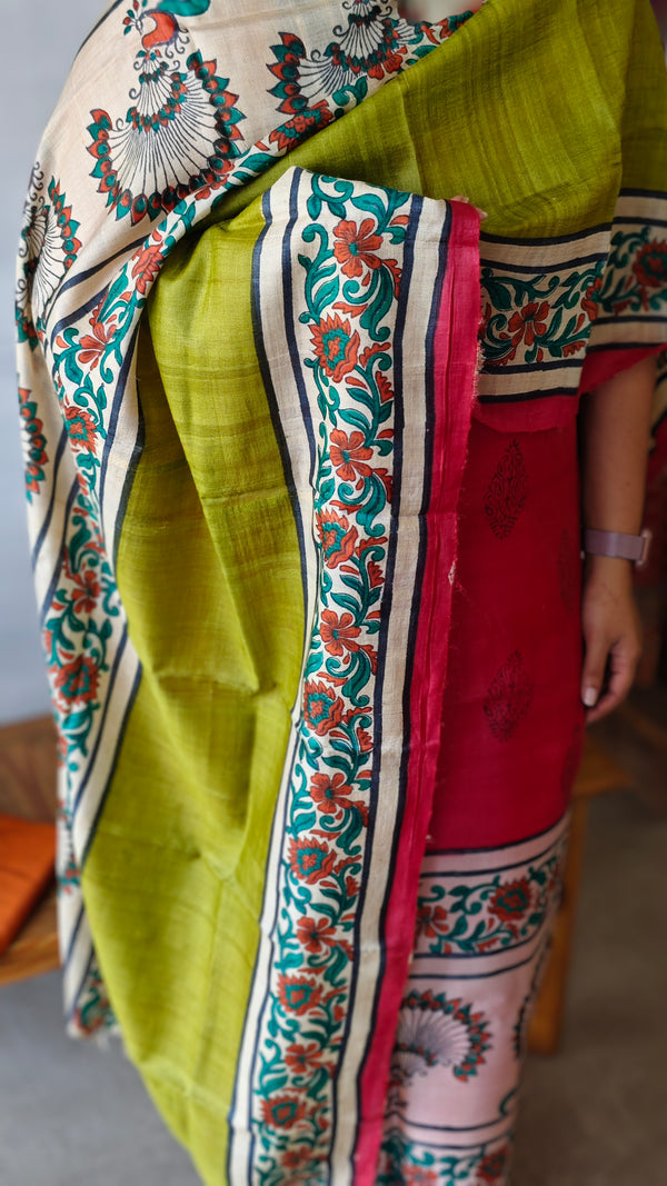 Red and green printed tussar silk suit