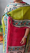 Red and green printed tussar silk suit