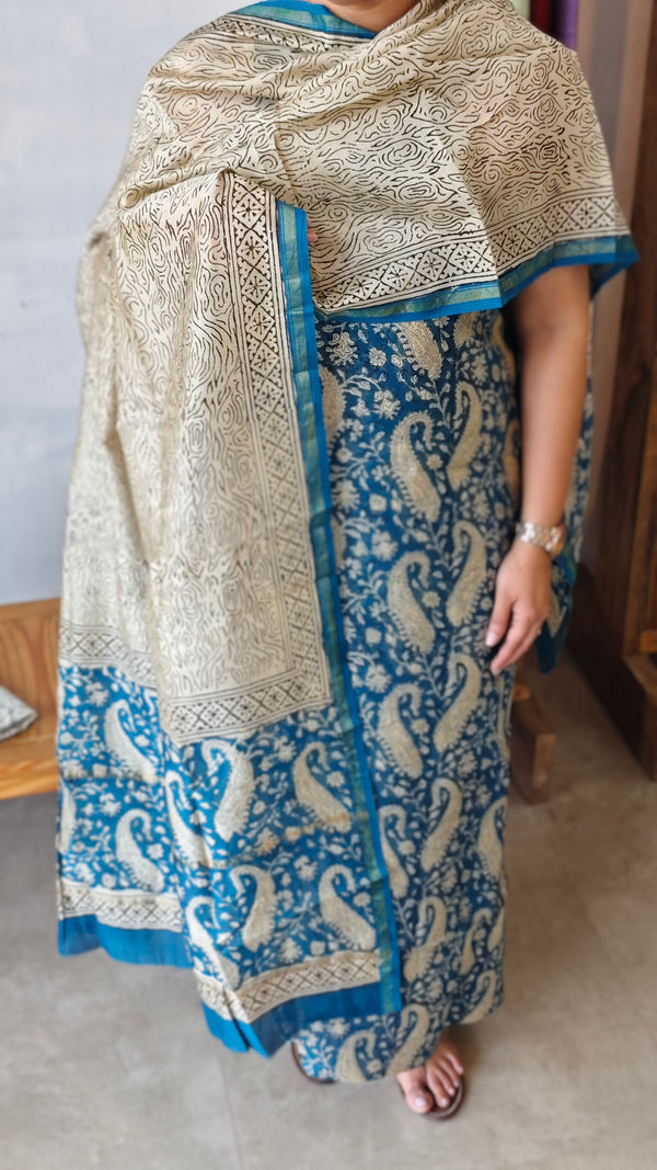 MC059 - Classic blue and cream chanderi silk suit