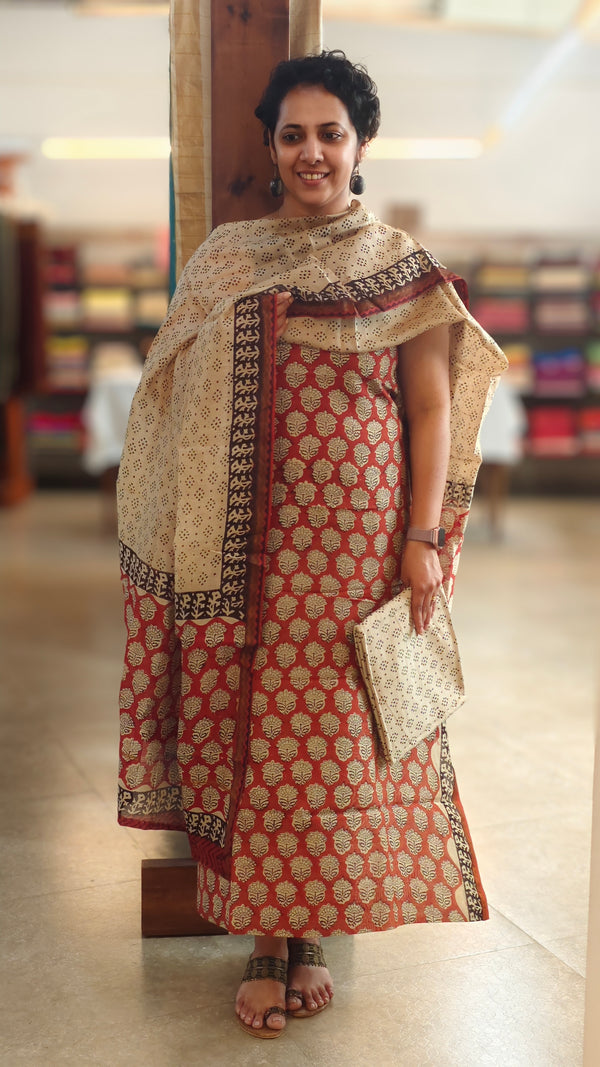 Brick red beige chanderi salwar suit