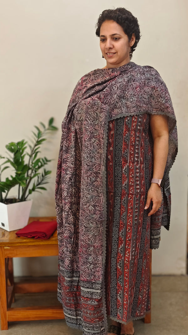 Red and grey block printed cotton suit