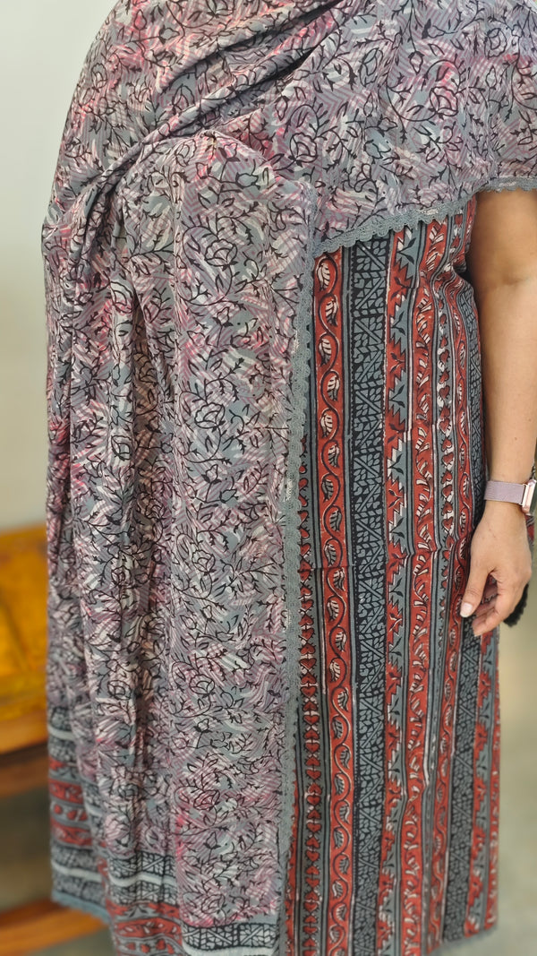 Red and grey block printed cotton suit